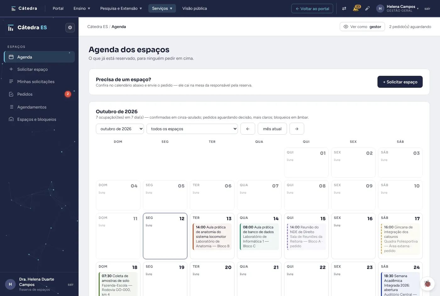 Agenda de reserva de espaços.