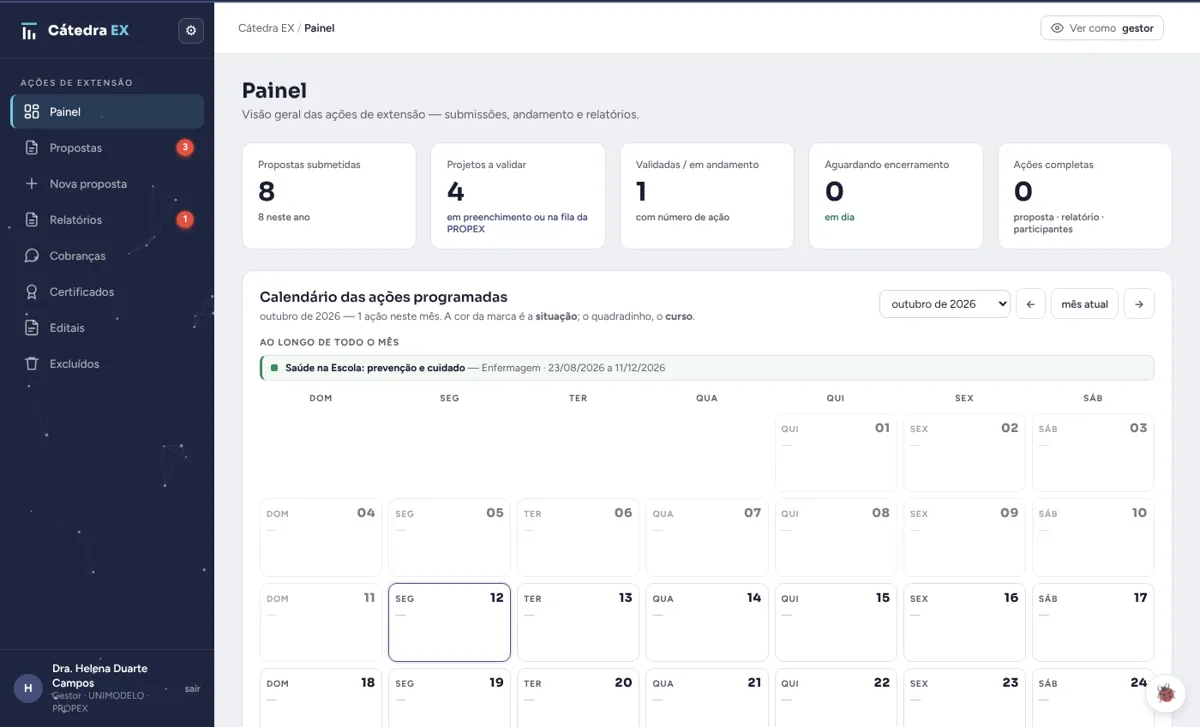 Painel da extensão com o calendário das ações.