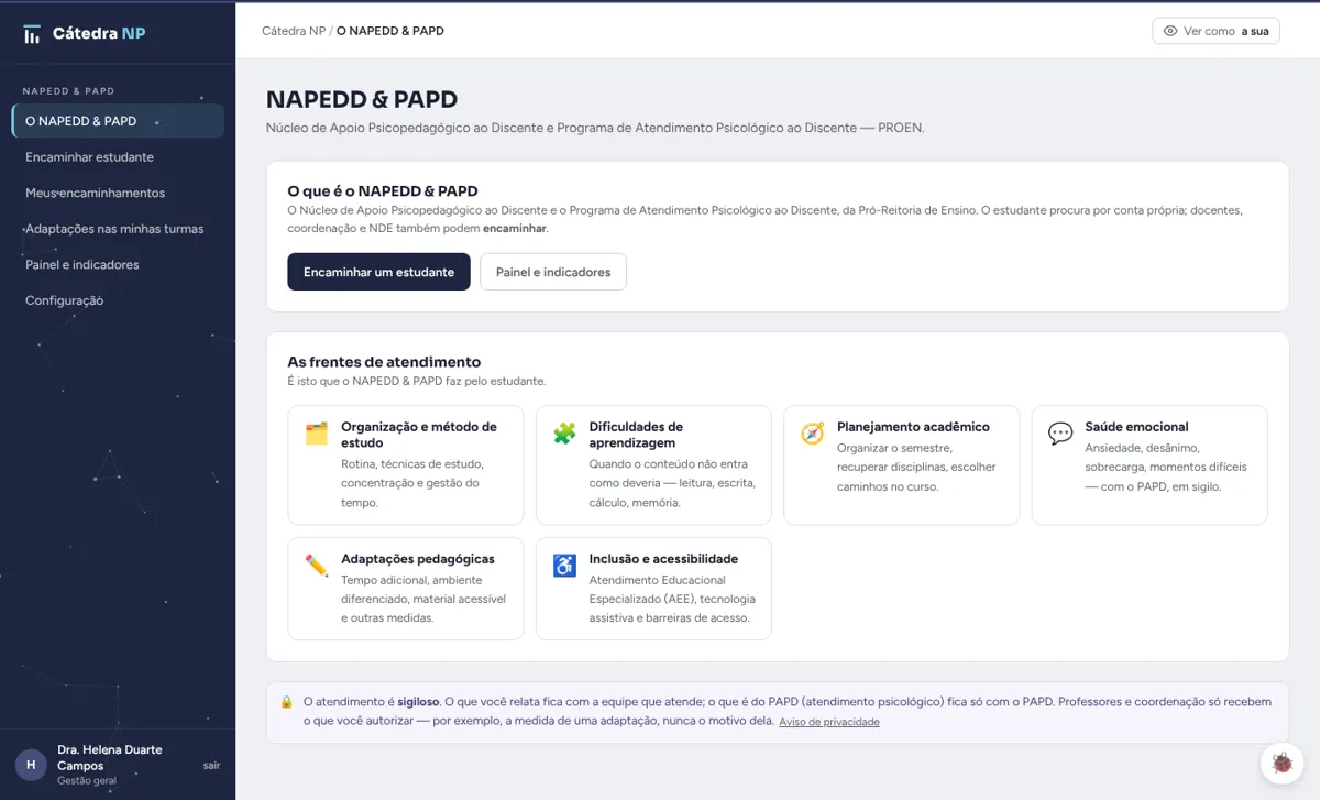 Tela do apoio ao estudante.